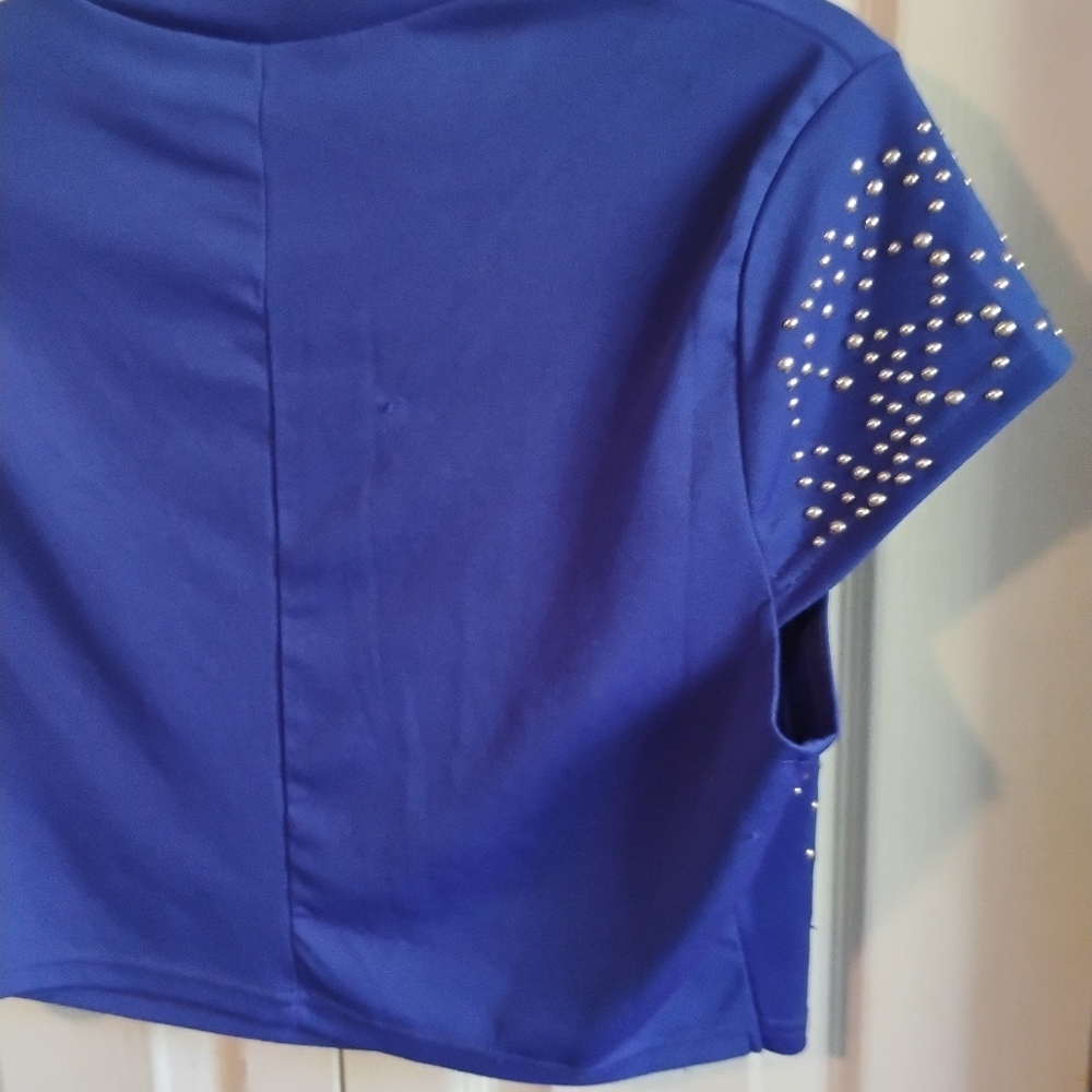 Jasmine Sportswear Royal Blue Mock Neck Studded Crop Top - Size XL - Picture 9 of 9